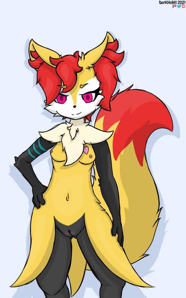 anthro black_body black_fur braixen braxiss_(character) breasts canid canine darkholm1 dipstick_tail eyebrow_through_hair eyebrows female fur genitals hair mammal multicolored_tail nintendo nipples nude pink_eyes pok&eacute;mon pok&eacute;mon_(species) presentation pussy solo translucent translucent_hair video_games yellow_body yellow_fur