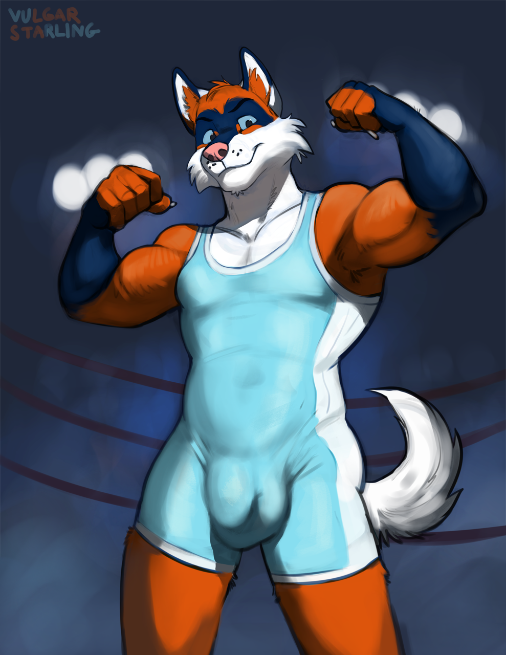 5_fingers abs anthro balls_outline biceps big_bulge blue_sclera bulge canid canine canis claws clothed clothing domestic_dog fighting_ring finger_claws fingers flexing fur genital_outline hi_res husky looking_at_viewer low-angle_view male mammal muscular muscular_anthro muscular_male nordic_sled_dog orange_body orange_fur pecs penis_outline pose smile solo spitz vulgarstarling whisker_spots white_body white_fur wrestling_singlet