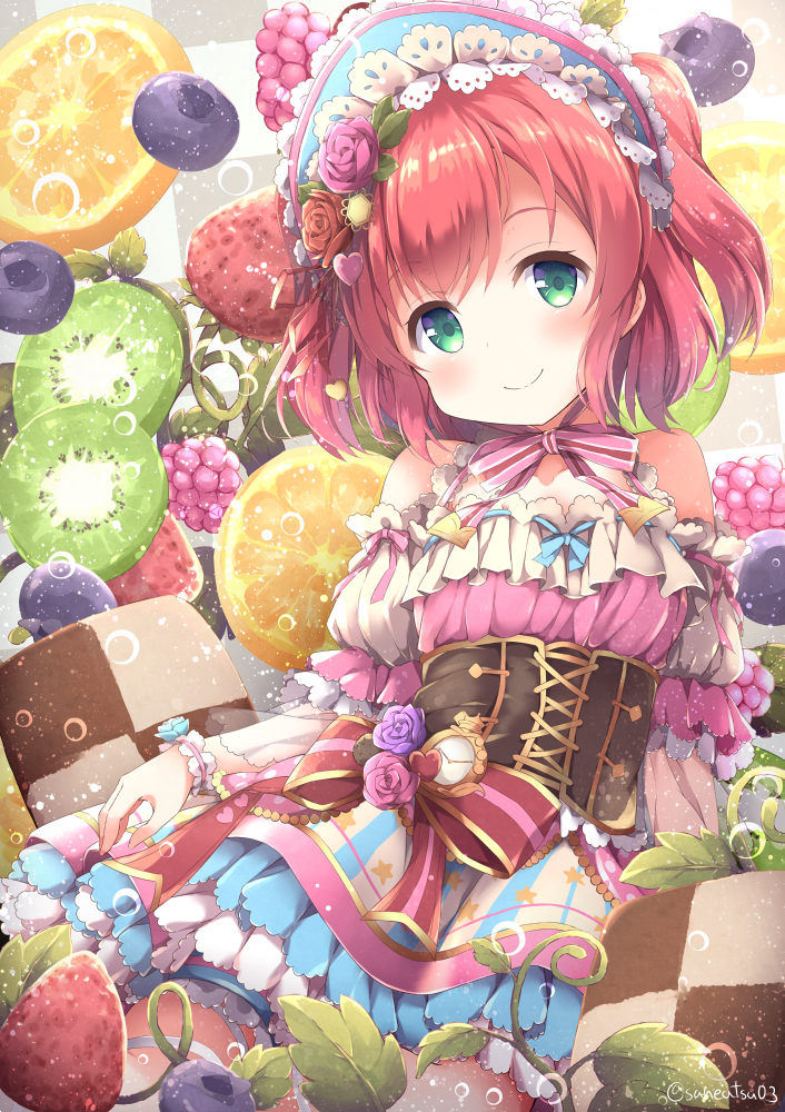 1girl bangs blue_flower blush bonnet bow bracelet checkerboard_cookie commentary_request cookie corset cross-laced_clothes detached_sleeves dress flower food fruit green_eyes hair_flower hair_ornament heart heart_hair_ornament jewelry kiwi_slice kurosawa_ruby looking_at_viewer love_live! love_live!_sunshine!! neck_ribbon niwasane_(saneatsu03) orange orange_slice pink_flower pink_neckwear pink_rose plant pocket_watch raspberry red_flower red_hair red_rose ribbon rose short_hair smile solo strawberry striped striped_bow striped_neckwear twitter_username two_side_up vines watch water_drop