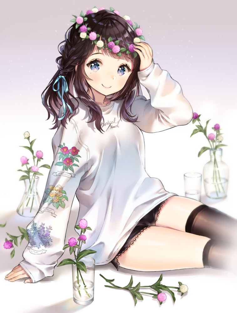 1girl ancotaku bangs black_hair black_legwear black_panties blue_eyes blue_ribbon braid clothes_writing commentary cup drinking_glass english_commentary floral_print flower hair_ribbon hand_on_own_head head_wreath long_hair long_sleeves looking_at_viewer mole mole_under_eye no_pants original panties pink_flower print_shirt ribbon shirt sitting sleeves_past_wrists solo thighhighs underwear vase white_shirt