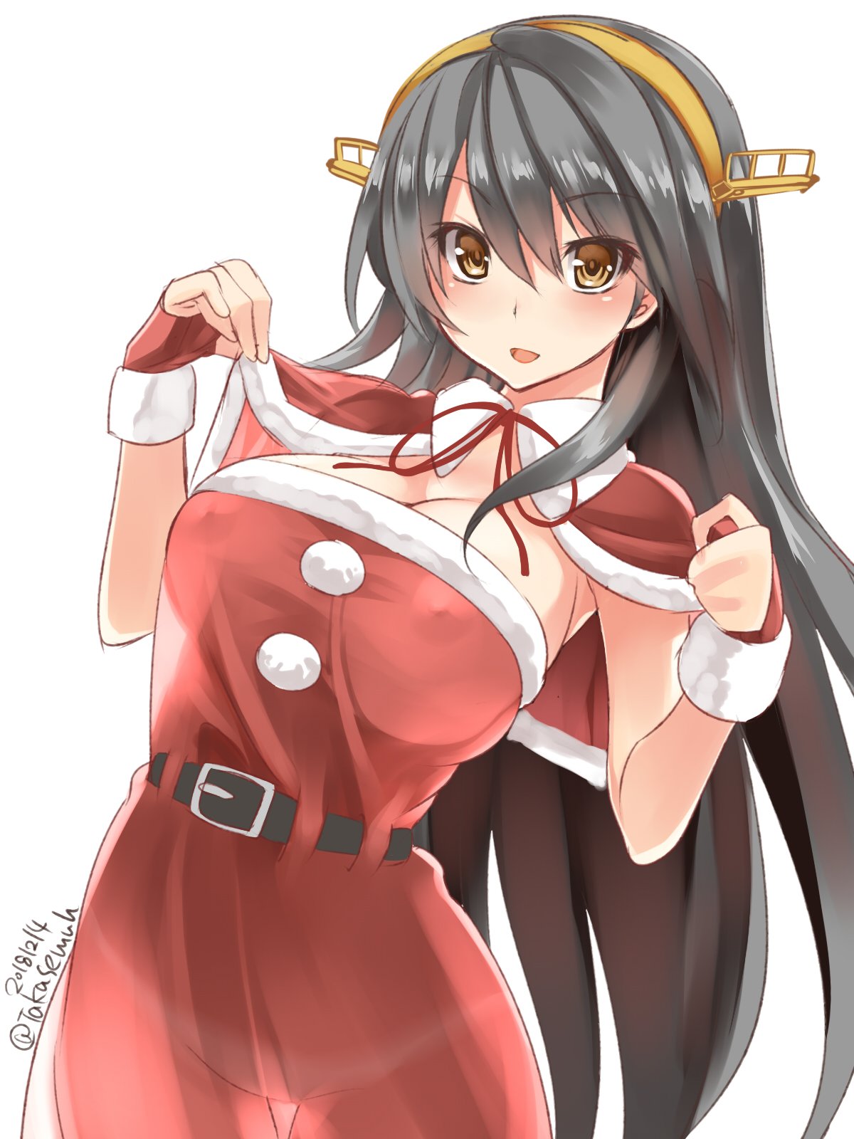 1girl belt black_hair breasts brown_eyes cape capelet cleavage commentary_request cowboy_shot dated dress fingerless_gloves fur-trimmed_dress fur_trim gloves hair_ornament hairband hairclip haruna_(kantai_collection) headgear highres kantai_collection large_breasts long_hair looking_at_viewer red_cape red_dress red_gloves simple_background solo strapless strapless_dress takase_muu twitter_username white_background