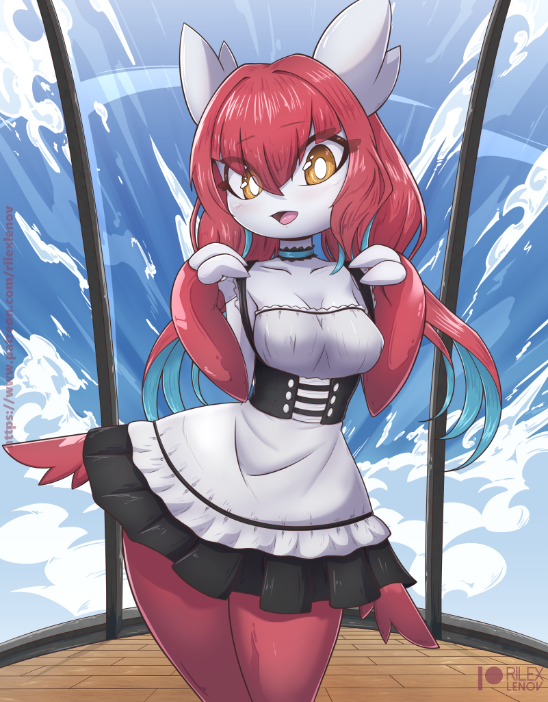 anthro breasts cleavage clothed clothing dress female hair humanoid latias legendary_pok&eacute;mon looking_at_viewer maid_uniform nintendo pok&eacute;mon pok&eacute;mon_(species) pok&eacute;mon_humanoid pok&eacute;morph red_hair rilex_lenov solo uniform video_games water white_body wide_hips