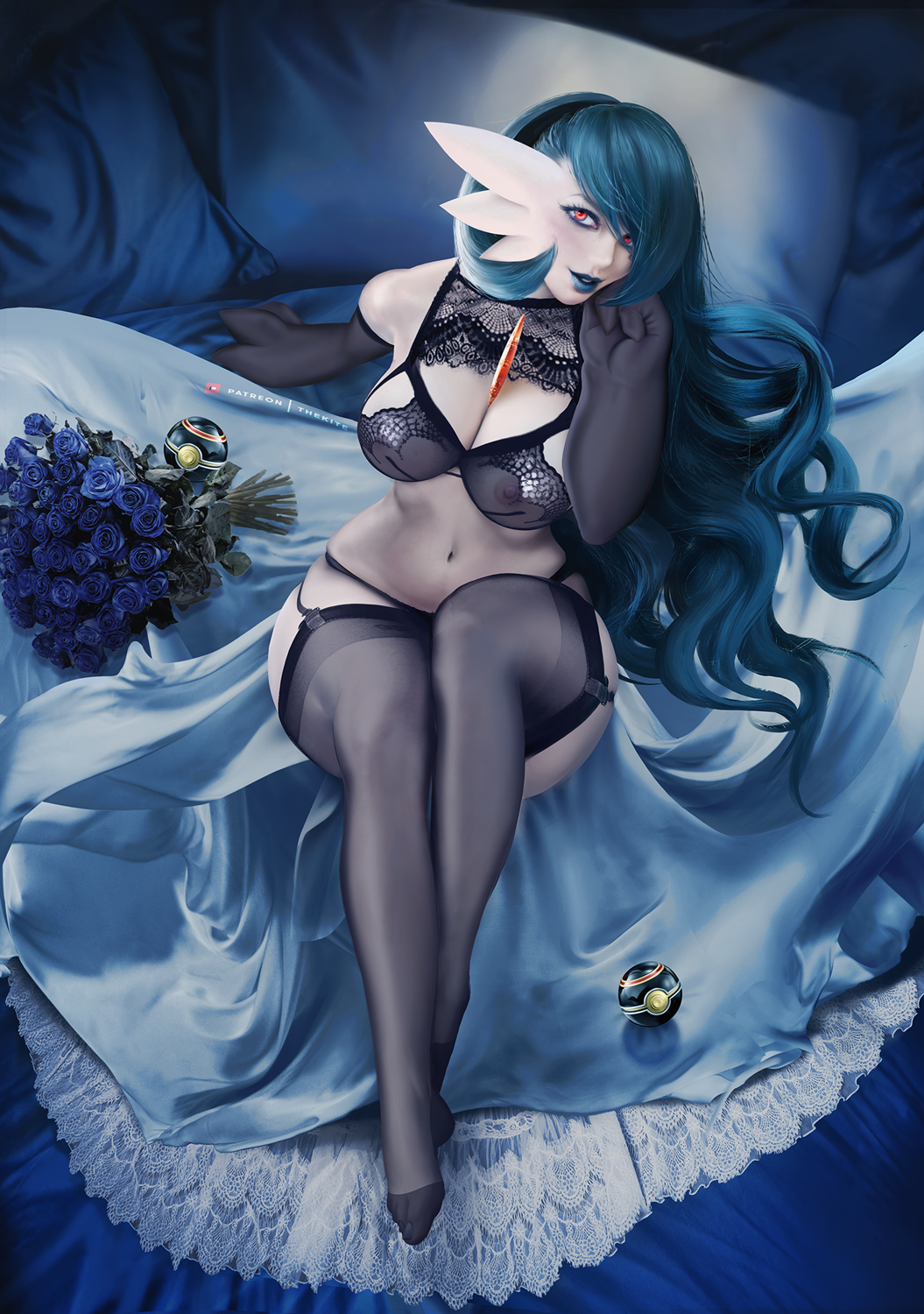 big_breasts bra breasts cleavage clothed clothing female gardevoir garter_belt garter_straps hi_res legwear lingerie nintendo nipples not_furry panties pok&eacute;mon pok&eacute;mon_(species) solo thekite thick_thighs thigh_highs translucent translucent_clothing underwear video_games wide_hips