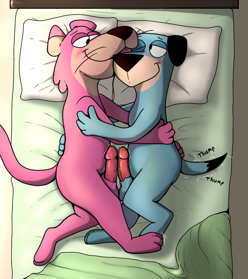 anthro balls bed blush canid canine canis cougar domestic_dog duo face_lick felid feline frottage furniture genitals hanna-barbera huckleberry_hound hug jellystone_(hbo_max) licking male male/male mammal penis romantic romantic_couple sex snagglepuss the_huckleberry_hound_show tongue tongue_out trashbadger