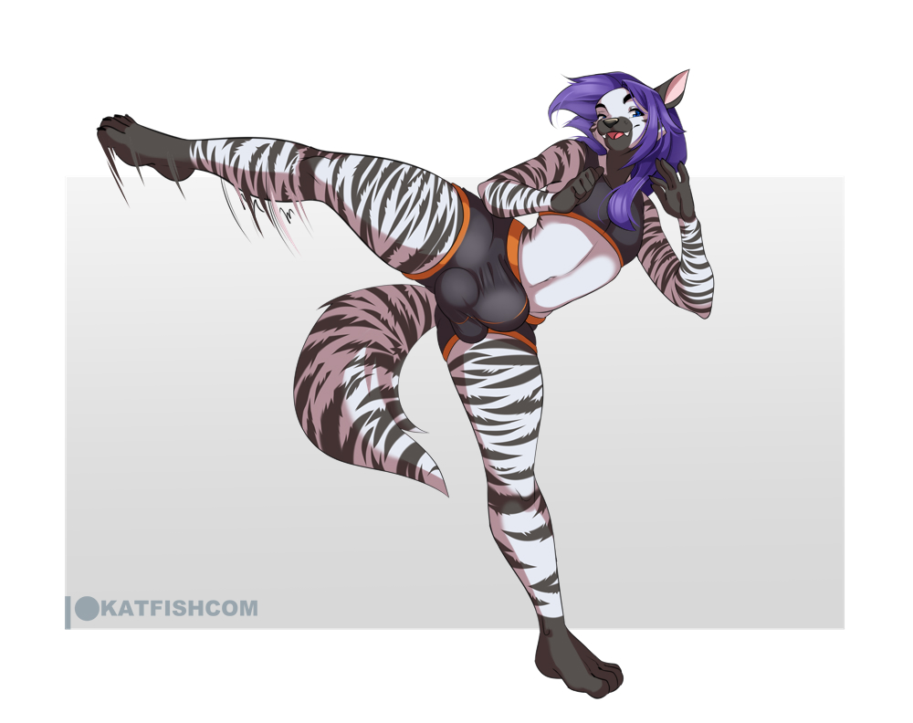 2021 anthro barefoot biped black_body black_fur black_nose blue_eyes border bulge clothing fangs feet fur girly hair hyaenid katfishcom kick male mammal multicolored_body multicolored_fur patreon patreon_logo purple_hair simple_background solo thick_thighs tommie_(hyenajaws) white_body white_border white_fur