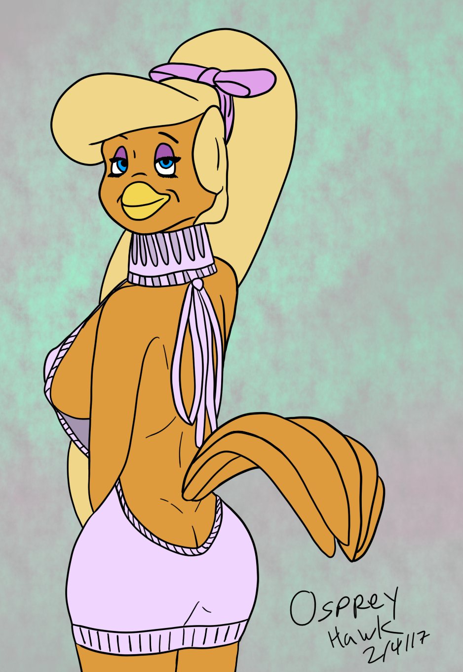 anthro avian beak bird blonde_hair blue_eyes clothing don_bluth female galliform goldie_pheasant hair hi_res meme meme_clothing osprey-hawk_(artist) phasianid rock-a-doodle solo sweater topwear virgin_killer_sweater yellow_beak