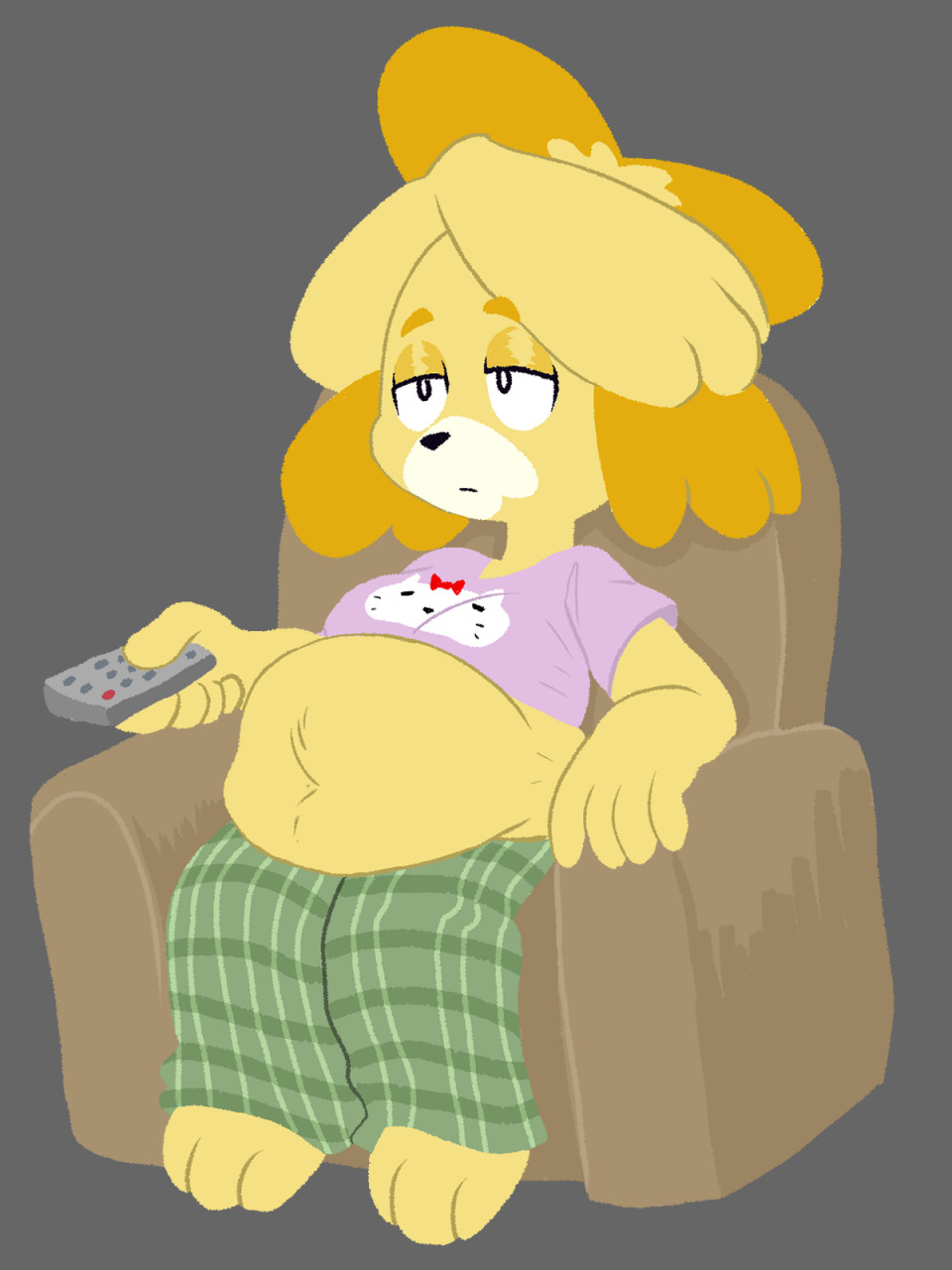 3:4 animal_crossing anthro armchair belly bf-felz bored canid canine canis chair clothed clothing domestic_dog female furniture hi_res isabelle_(animal_crossing) mammal navel nintendo overweight pajamas solo tv_remote video_games