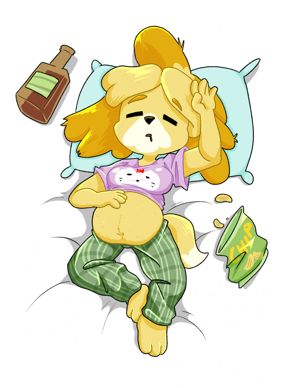 alcohol animal_crossing anthro belly beverage bf-felz breasts canid canine canis chips_(food) clothed clothing domestic_dog drunk female food hi_res isabelle_(animal_crossing) lazy mammal navel nintendo overweight pajamas pillow solo substance_intoxication tired tired_eyes video_games