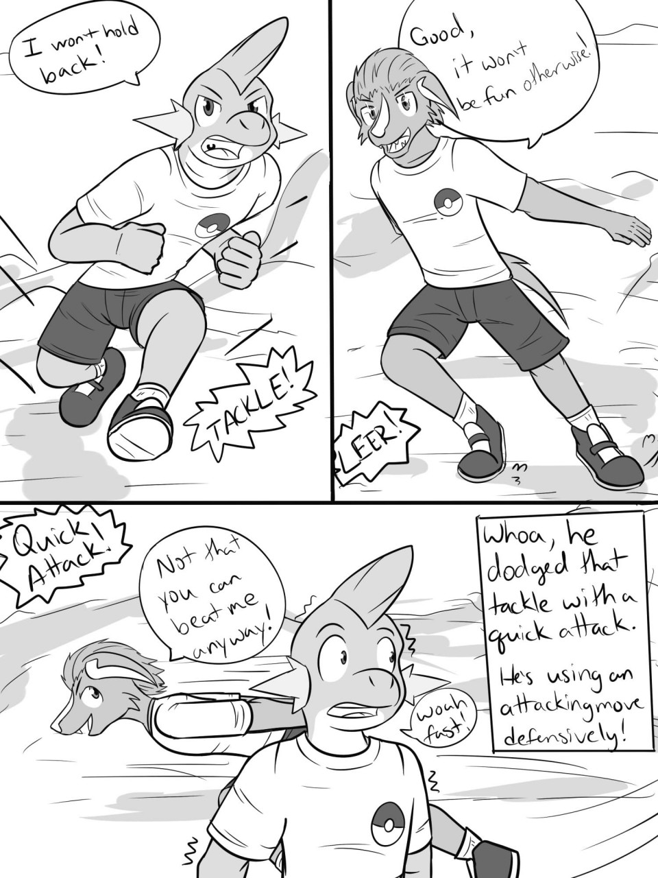 2015 3:4 anthro anthrofied bottomwear clothed clothing comic dialogue duo electrike english_text fight footwear fully_clothed fuze gao_(fuze) greyscale hi_res jolt_(fuze) male monochrome mudkip nintendo pok&eacute;mon pok&eacute;mon_(species) pok&eacute;mon_move pok&eacute;morph shirt shoes shorts socks t-shirt text topwear video_games