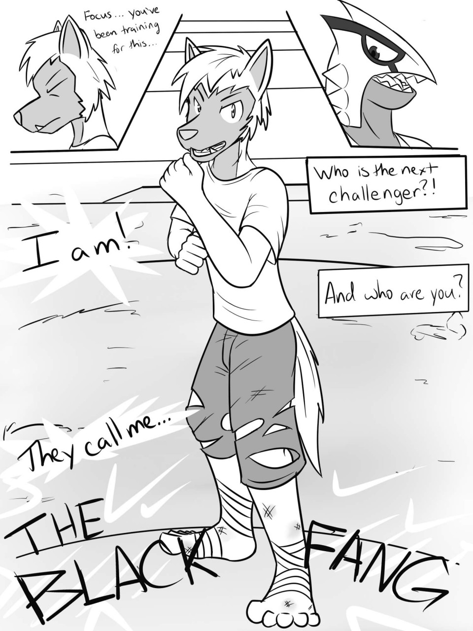 2015 3:4 anthro anthrofied bottomwear clothed clothing comic dialogue english_text fighting_pose foot_wraps fully_clothed fuze gordon_(fuze) greyscale groudon hi_res legendary_pok&eacute;mon male monochrome nintendo pawl_(fuze) pok&eacute;mon pok&eacute;mon_(species) pok&eacute;morph poochyena pose shirt shorts t-shirt text topwear torn_bottomwear torn_clothing torn_shorts video_games wraps