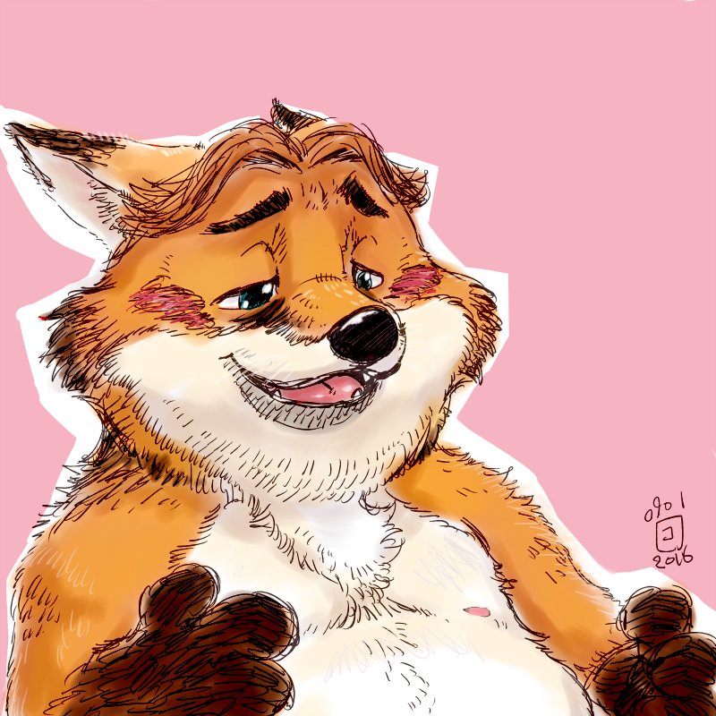 1:1 2016 anthro belly black_nose blush canid canine disney fox gideon_grey kemono male mammal mature_male moobs nipples overweight overweight_male pink_background simple_background solo totemoii_029 zootopia