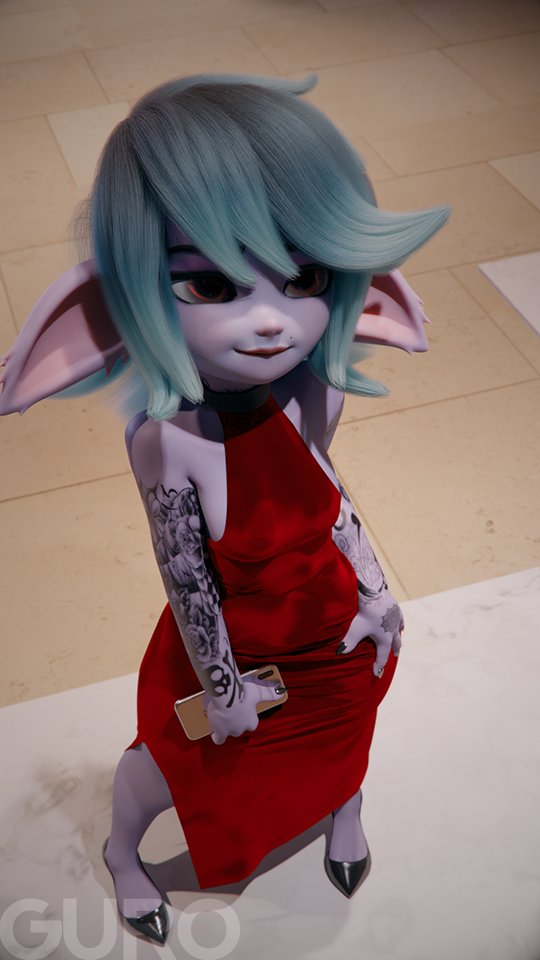 3d_(artwork) 9:16 bare_shoulders blue_body blue_hair blue_skin breasts cocktail_dress digital_media_(artwork) female gurobase hair high_heels humanoid humanoid_pointy_ears league_of_legends phone riot_games romantic short_stack side_slit smile solo tattoo tristana_(lol) video_games yordle