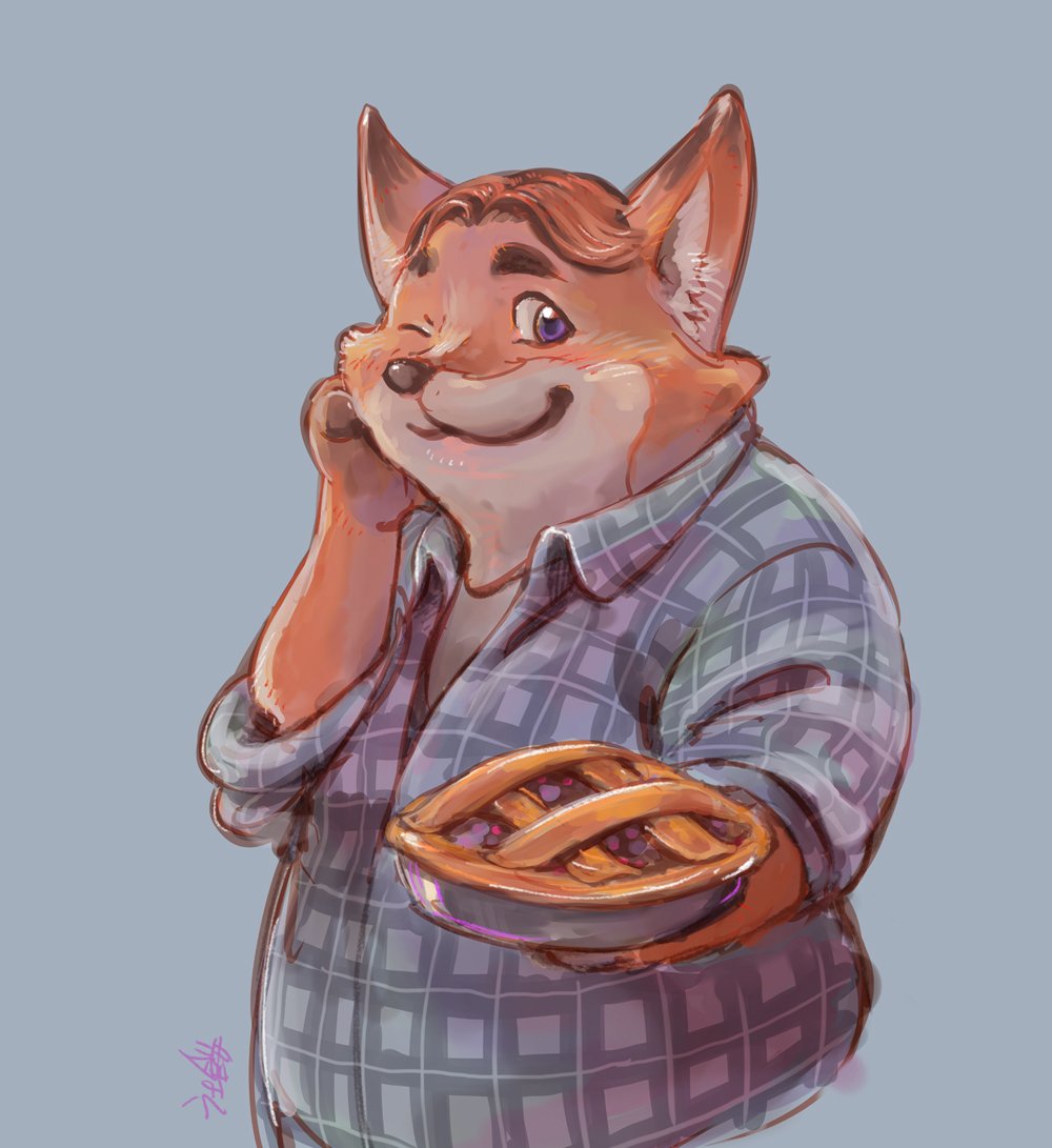 2016 anthro belly canid canine clothing daihukudokoro dessert disney food fox gideon_grey kemono male mammal one_eye_closed overweight overweight_male pie shirt simple_background solo topwear wink zootopia