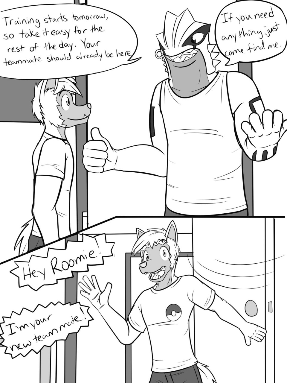 2015 3:4 anthro anthrofied clothed clothing comic dialogue duo english_text fully_clothed fuze gordon_(fuze) greyscale groudon hi_res legendary_pok&eacute;mon male monochrome muscular muscular_male nintendo pawl_(fuze) pok&eacute;mon pok&eacute;mon_(species) pok&eacute;morph poochyena shirt t-shirt tank_top text topwear video_games