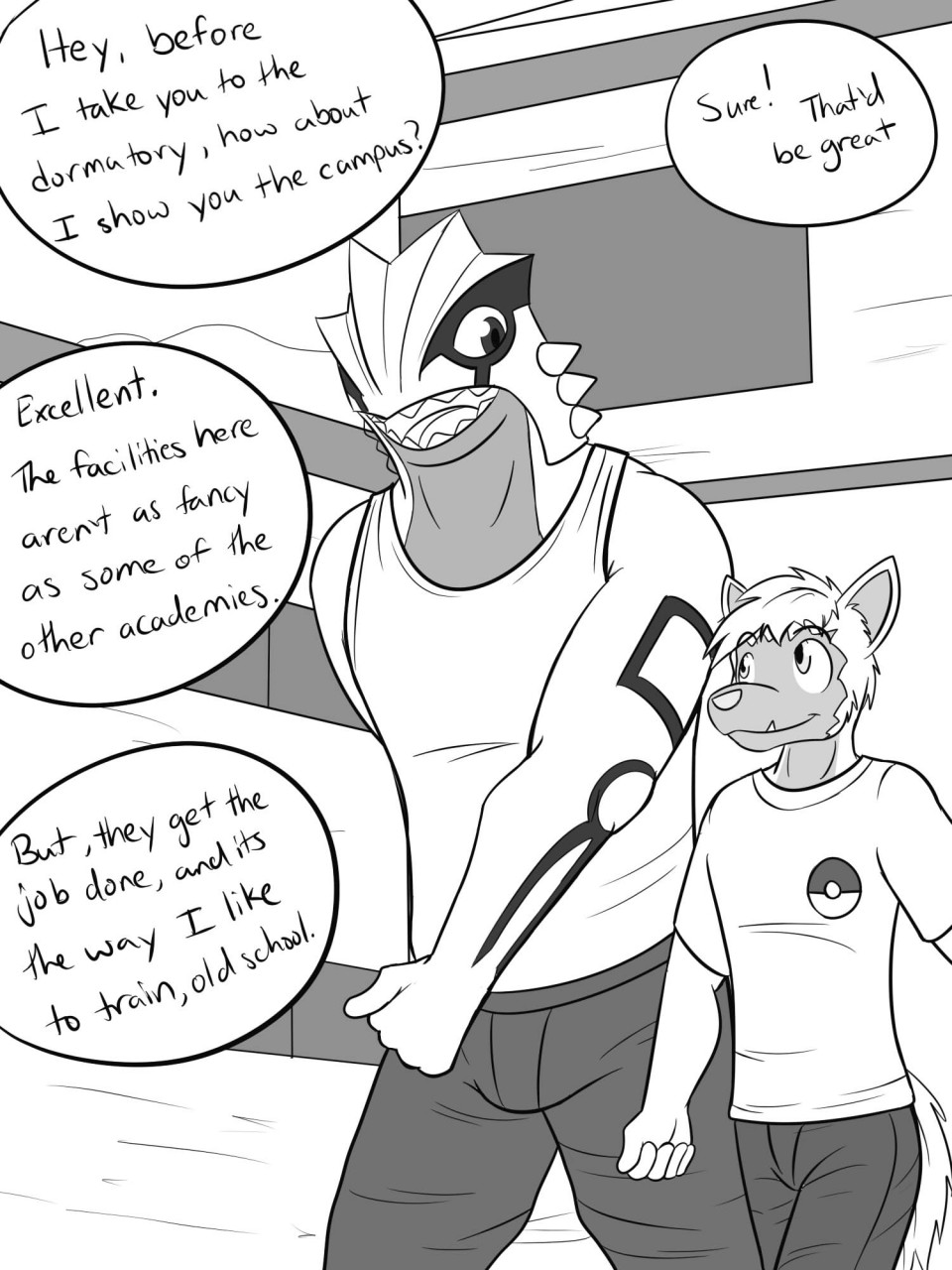 2015 3:4 anthro anthrofied bottomwear clothed clothing comic dialogue duo english_text fully_clothed fuze gordon_(fuze) greyscale groudon hi_res legendary_pok&eacute;mon male monochrome muscular muscular_male nintendo pants pawl_(fuze) pok&eacute;mon pok&eacute;mon_(species) pok&eacute;morph poochyena shirt t-shirt tank_top text topwear video_games