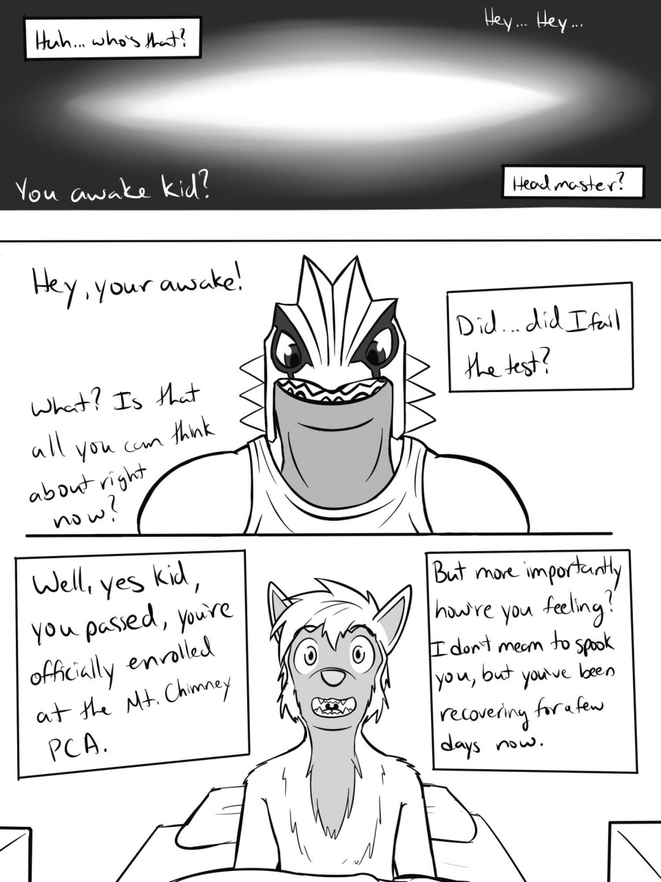 2015 3:4 anthro anthrofied bed clothed clothing comic dialogue duo english_text furniture fuze gordon_(fuze) greyscale groudon hi_res legendary_pok&eacute;mon male monochrome nintendo on_bed pawl_(fuze) pok&eacute;mon pok&eacute;mon_(species) pok&eacute;morph poochyena shirt tank_top text topless topwear under_covers video_games waking_up
