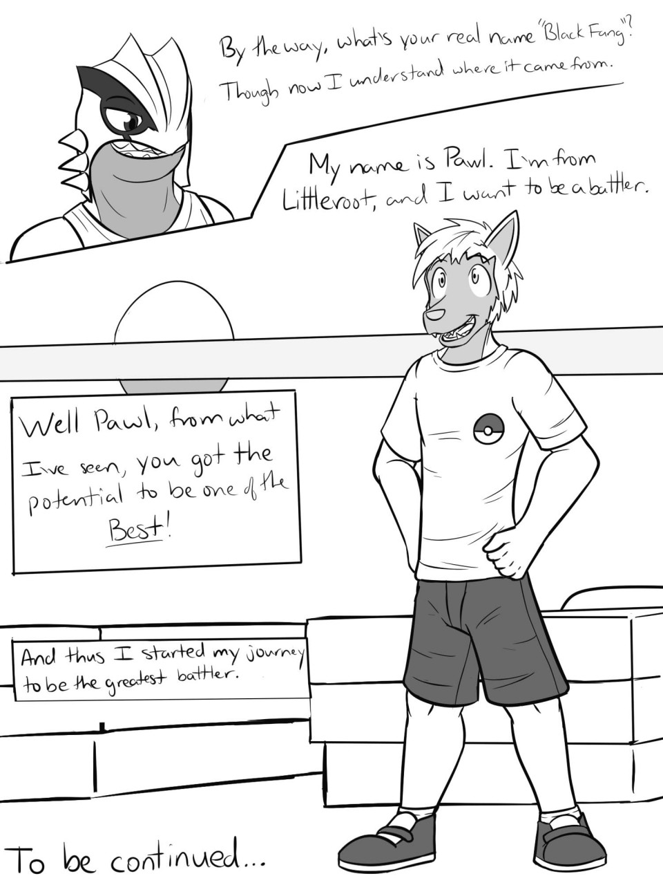 2015 3:4 anthro anthrofied bottomwear clothed clothing comic dialogue duo english_text footwear fully_clothed fuze gordon_(fuze) greyscale groudon hands_on_hips hi_res legendary_pok&eacute;mon male monochrome nintendo pawl_(fuze) pok&eacute;mon pok&eacute;mon_(species) pok&eacute;morph poochyena shirt shoes shorts socks t-shirt tank_top text topwear video_games