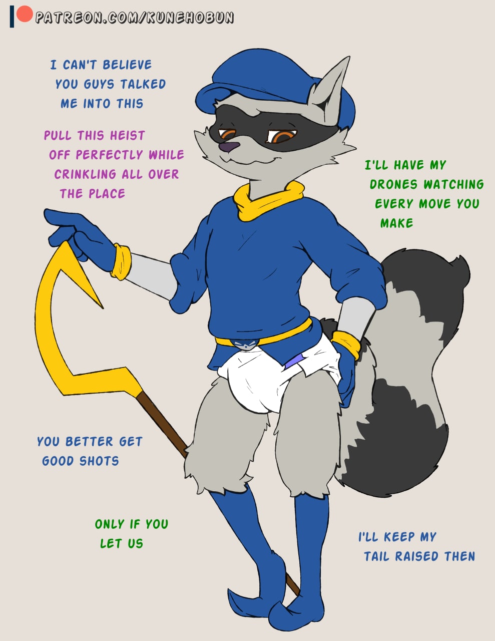 clothing dialogue diaper english_text grope hat headgear headwear hi_res hook infantilism kuuneho male mammal mask procyonid raccoon sly_cooper sly_cooper_(series) solo sony_corporation sony_interactive_entertainment staff standing sucker_punch_productions text video_games