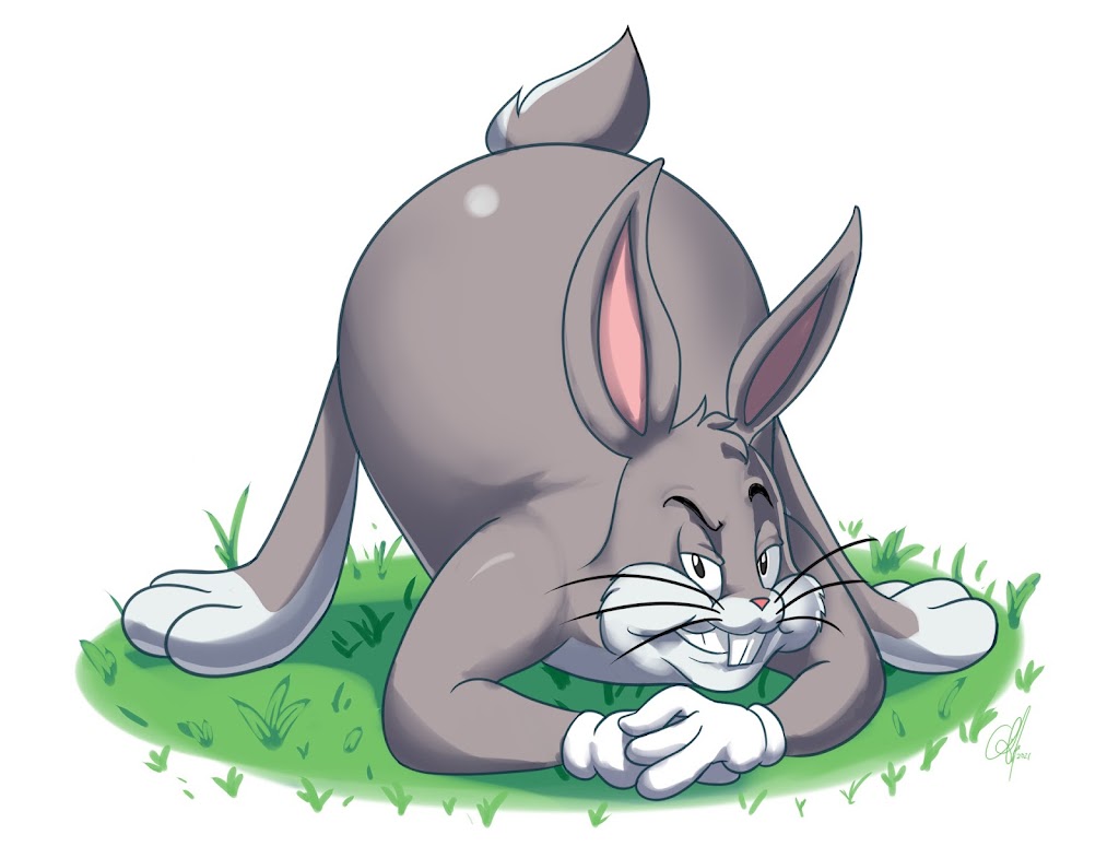 anthro ass_up big_chungus bugs_bunny clothing fur gloves grass grey_body grey_fur handwear jack-o'_pose lagomorph leporid long_ears looking_at_viewer looney_tunes male mammal meme nude overweight overweight_male plant pose rabbit simple_background smile solo triple-q warner_brothers white_body white_fur