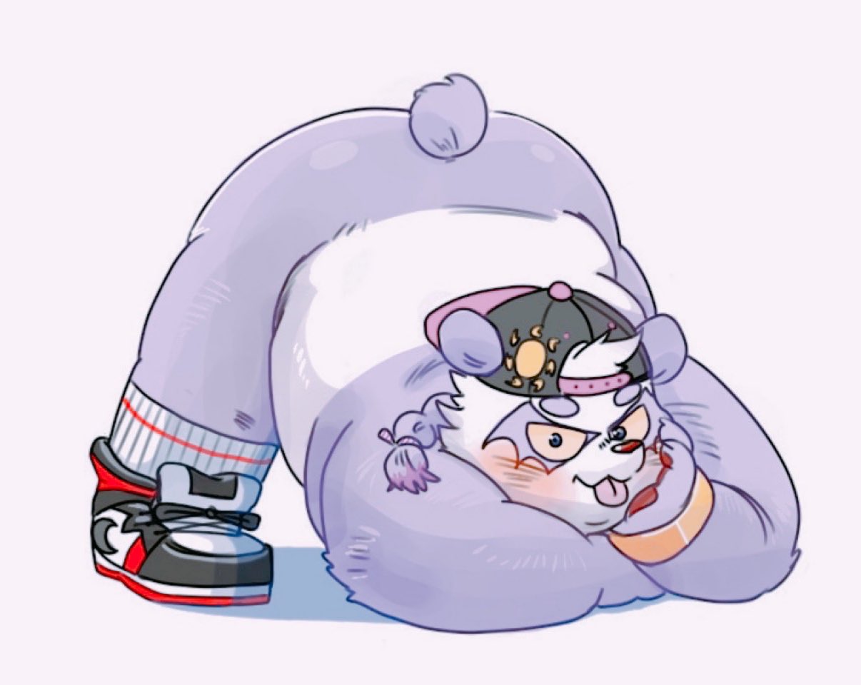 2021 alp_(tas) anthro belly big_belly blush butt clothing fur giant_panda hat headgear headwear jack-o'_pose kaspar1129 kemono male mammal overweight overweight_male pose purple_body purple_fur solo tokyo_afterschool_summoners tongue tongue_out ursid video_games white_body white_fur