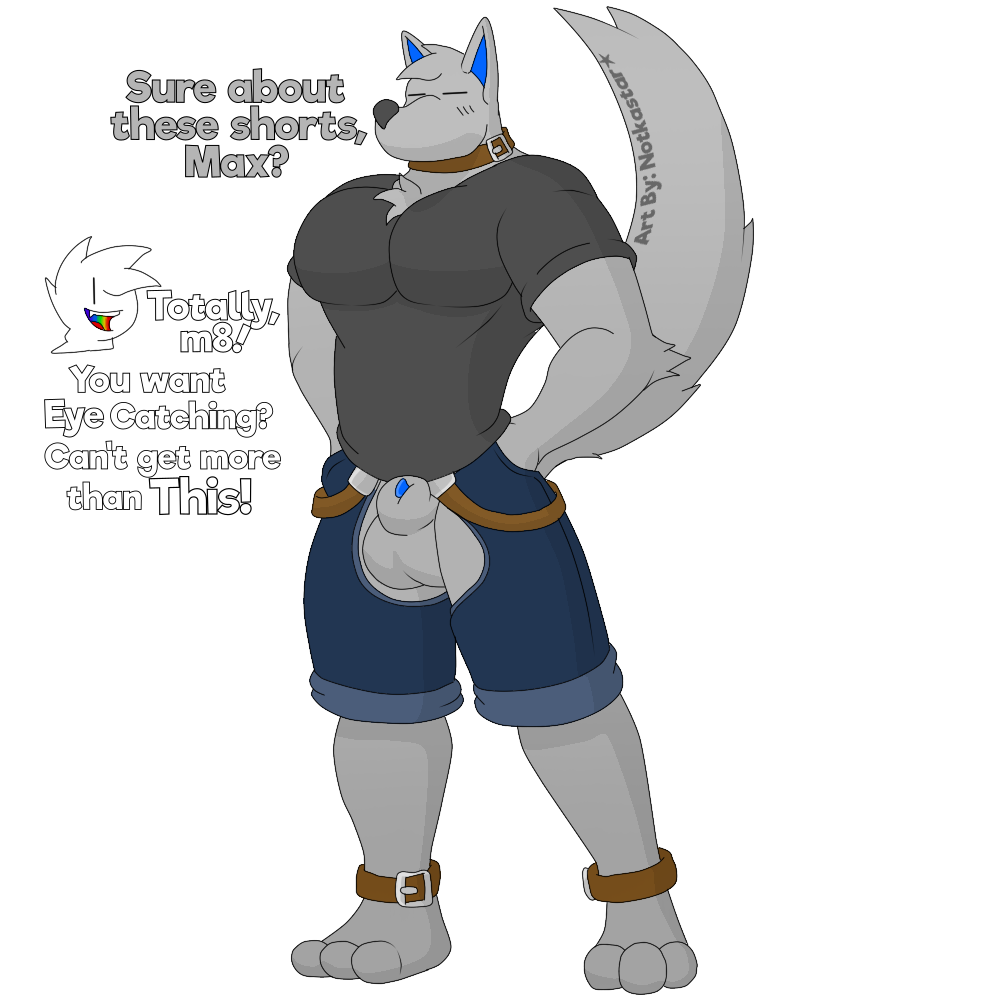 1:1 alpha_channel animal_genitalia anthro balls belt blush canid canine canis casual_exposure chaps clothing collar dialogue duo english_text fur genitals hair male mammal max_(character) muscular notkastar nude pecs penis sheath signature smile text wolf zatch_(character)