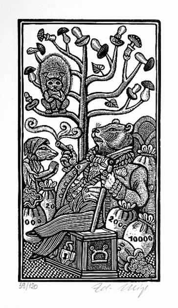 1971 20th_century ambiguous_gender ancient_furry_art anthro big_tail biped cigar clothed clothing coin feral fluffy fluffy_tail fully_clothed fungus greyscale group holding_cigar lock male mammal money_bag monochrome mushroom plant ring_(jewelry) rodent sciurid smoke tree whiskers woodcut zdenek_mezl