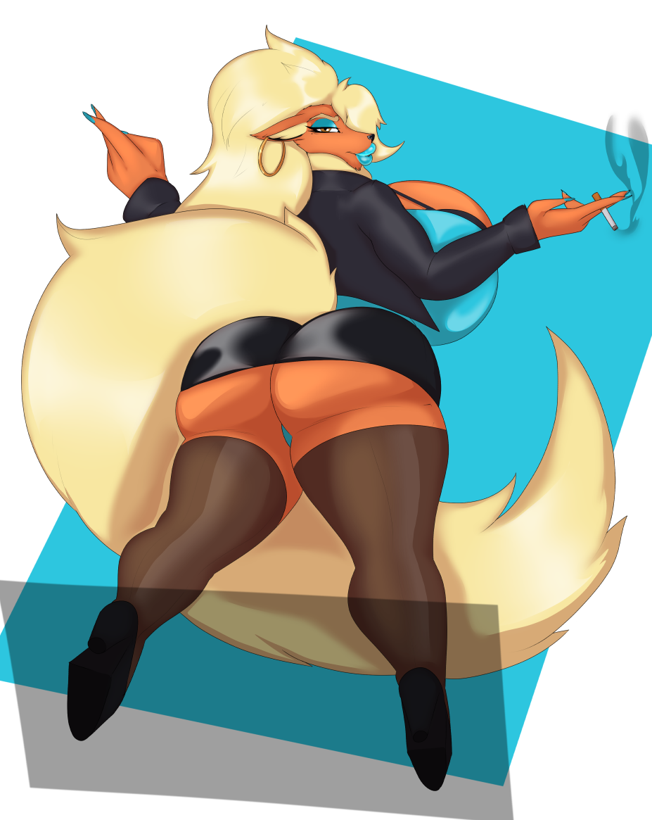 angrypotato96 anthro big_breasts big_butt blonde_hair blue_lips breasts butt cigarette clothed clothing ear_piercing ear_ring eeveelution female flareon flarita hair huge_breasts legwear lips nintendo panties piercing pok&eacute;mon pok&eacute;mon_(species) smoking thigh_highs underwear video_games