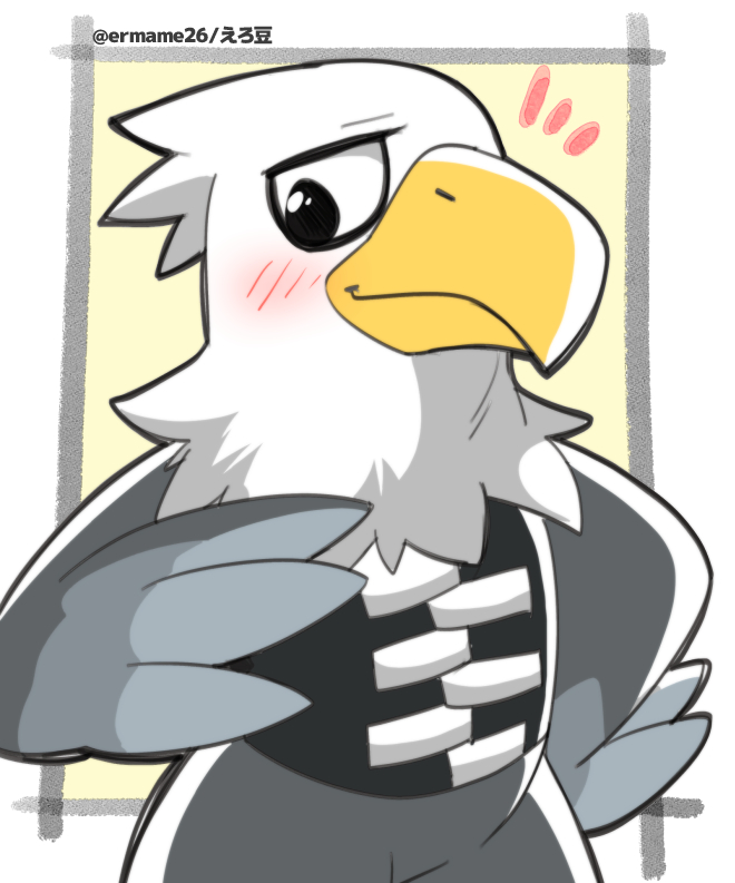 2021 4_fingers accipitrid accipitriform animal_crossing anthro apollo_(animal_crossing) artist_name avian bald_eagle beak biped bird black_clothing black_eyebrows black_eyes black_topwear black_vest blush bottomless clothed clothing digital_media_(artwork) eagle emanata ermame26 eyebrows feather_hands feathered_wings feathers featureless_crotch fingers front_view japanese_text male nintendo portrait sea_eagle shaded smile smirk solo text three-quarter_portrait topwear video_games wings yellow_beak