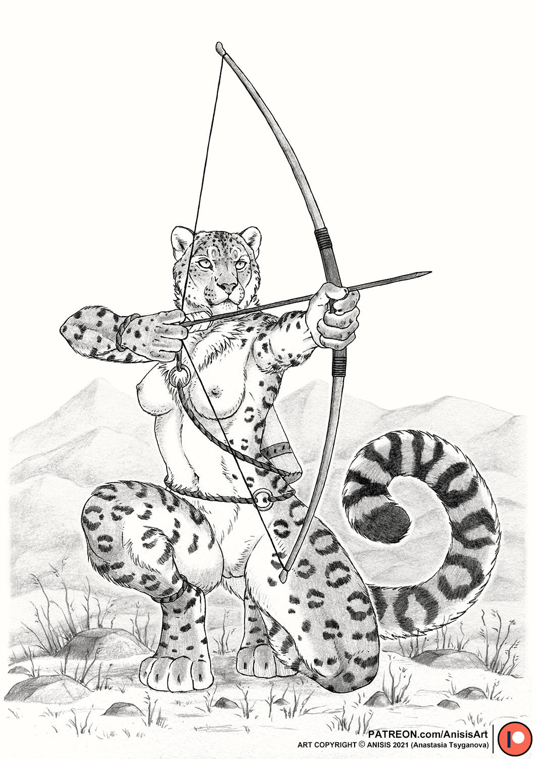 2021 4_toes 5_fingers anisis anthro arrow bow bow_(weapon) breasts chest_tuft claws day detailed_background digital_media_(artwork) digitigrade dipstick_tail feet felid female finger_claws fingers fur genitals greyscale hi_res hindpaw holding_bow holding_object holding_weapon humanoid_hands hunter inner_ear_fluff kneeling leopard mammal markings monochrome mountain multicolored_tail navel neck_tuft nipples nude on_one_knee outside pantherine paws pussy quiver ranged_weapon snow_leopard solo spots spotted_body spotted_fur tasteful tasteful_nudity text toe_claws toes traditional_media_(artwork) tuft url weapon whisker_markings
