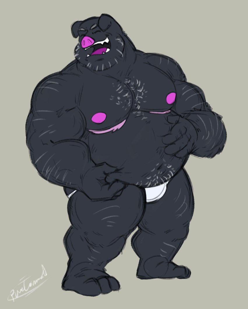 2021 anthro belly black_body clothing domestic_pig eyes_closed humanoid_hands male mammal mastectomy_scar moobs navel nipples overweight overweight_male pure_command scar simple_background solo suid suina sus_(pig) underwear