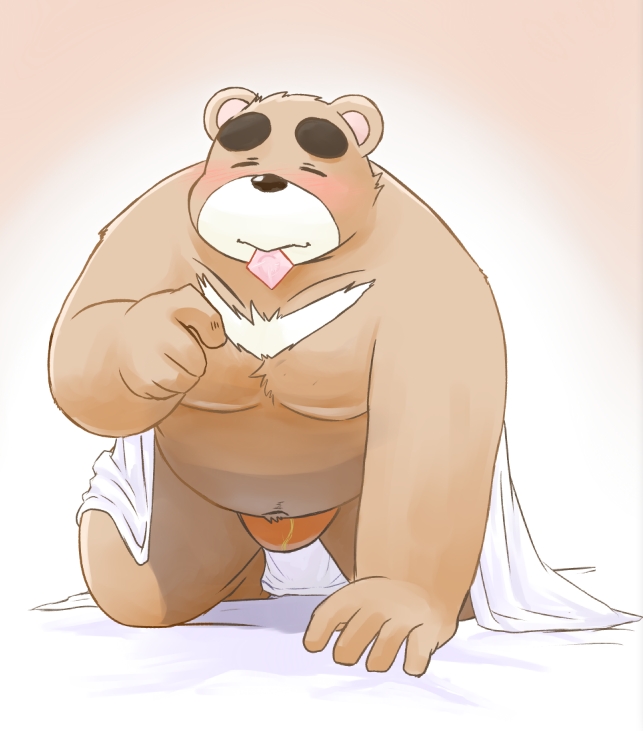 2021 anthro bedding belly black_nose blanket blush brown_body brown_fur bulge clothing condom condom_in_mouth eyes_closed fur humanoid_hands inu_to_kuma inuryu kemono male mammal moobs navel overweight overweight_male sexual_barrier_device solo tomobiki_subaru underwear ursid