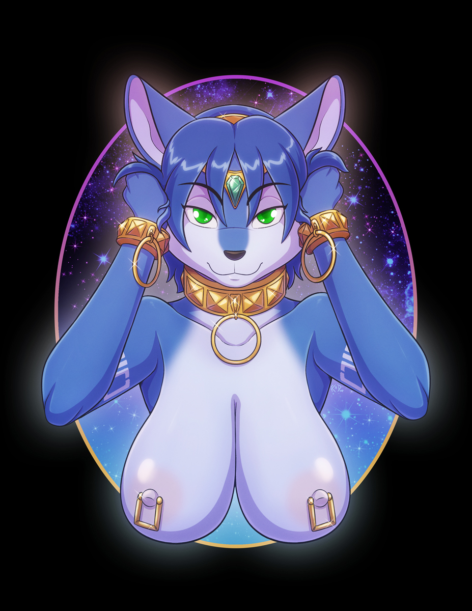 2021 5_fingers anthro arm_markings armlet_(marking) black_nose blue_body blue_fur blue_hair breasts bust_portrait canid canine collar conditional_dnp digital_media_(artwork) female fingers fox fur gold_(metal) gold_shackles hair hand_on_head hand_on_own_head hi_res humanoid_hands jewelry kadath krystal looking_at_viewer mammal markings nintendo nipple_piercing nipple_ring nipples nude piercing portrait shackles smile solo star_fox tribal tribal_markings video_games white_markings