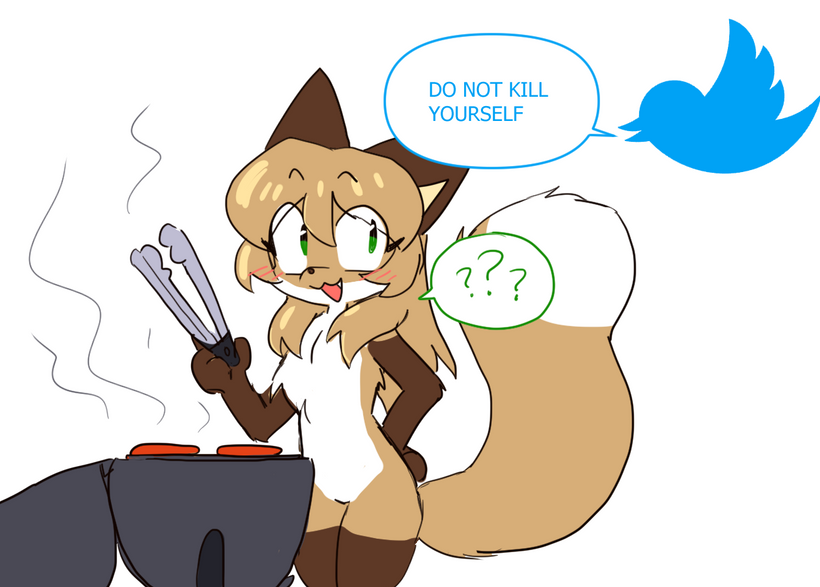 4_fingers ? anthro averi_(fiddleafox) blue_text blush brown_body brown_fur canid canine casual_nudity chest_tuft cooking cooking_tongs cute_fangs dialogue digital_media_(artwork) dipstick_tail english_text female fiddleafox fingers fox fur gloves_(marking) green_background green_eyes green_text grill grilling hair hand_on_hip kitchen_utensils leg_markings legs_together looking_aside looking_at_another mammal markings multicolored_tail open_mouth question sfw_nudity simple_background socks_(marking) solo standing steam text tongs tools toony tuft twitter white_body white_fur