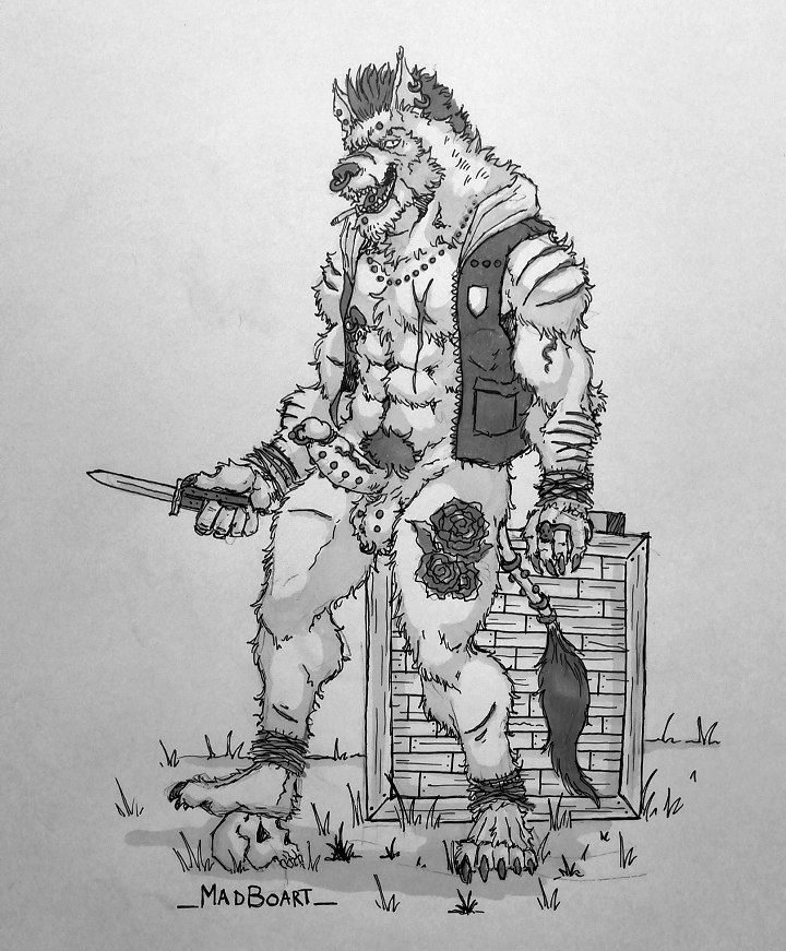 anthro balls canid canine canis claws erection genital_piercing genitals knife looking_at_viewer madboart male mammal monochrome nipples penis penis_piercing piercing pubes ring scar scrotum_piercing scruffy solo tattoo weapon were werecanid werecanine werewolf wolf