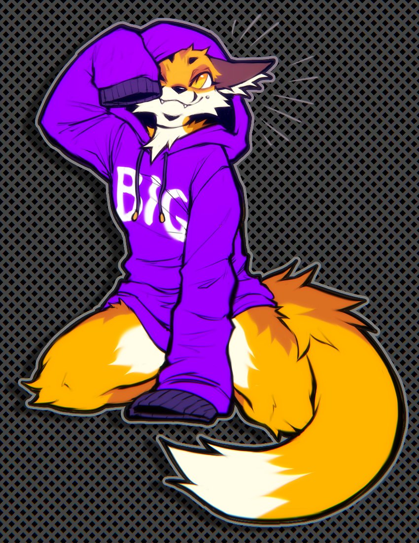 2020 ambiguous_gender anthro bottomless canid canine clothed clothing cute_fangs digital_media_(artwork) english_text falvie fox hoodie hoodie_only kneeling mammal pupils simple_background slit_pupils solo text the_fox_(falvie) topwear topwear_only