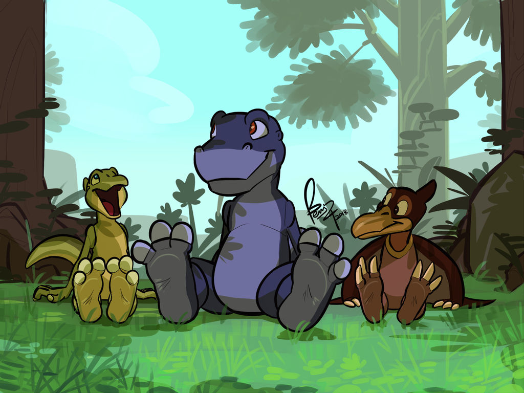 3_toes 4:3 anthro barefoot benj24 chomper_(the_land_before_time) claws countershade_feet countershading dinosaur don_bluth ducky_(the_land_before_time) feet feet_up foot_focus forest group looking_at_another paws petrie plant pterodactylus pterosaur reptile scalie smile soles the_land_before_time theropod toe_claws toes tree tyrannosaurid tyrannosaurus tyrannosaurus_rex