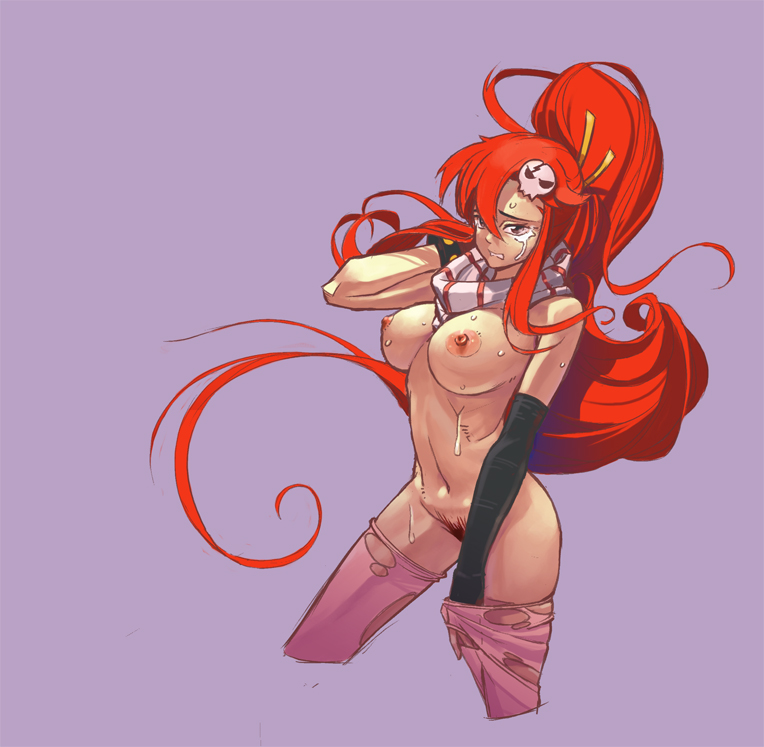 bracelet breasts cao-cao elbow_gloves gloves jewelry large_breasts long_hair naked_scarf nude ponytail pubic_hair red_hair scarf solo sweat tears tengen_toppa_gurren_lagann thighhighs yoko_littner