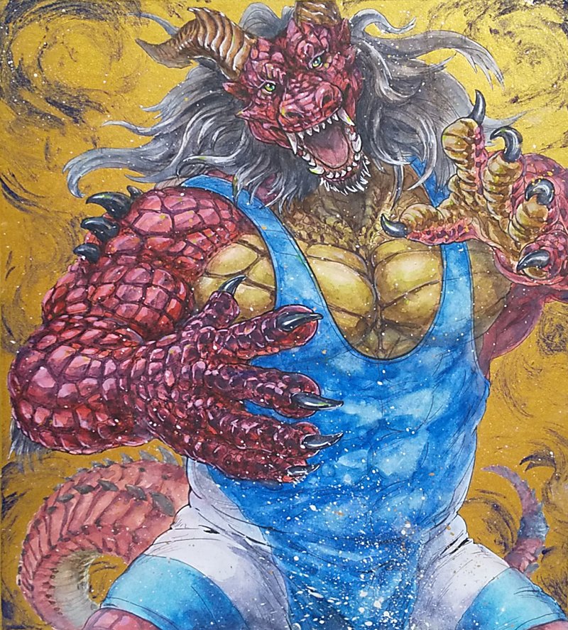 anthro asian_mythology barazoku dragon east_asian_mythology eastern_dragon fangs hair horn kemono long_hair male muscular mythology open_mouth pecs red_body red_scales rk_maeda scales scalie sharp_teeth solo spikes teeth wrestling_singlet yellow_body yellow_scales