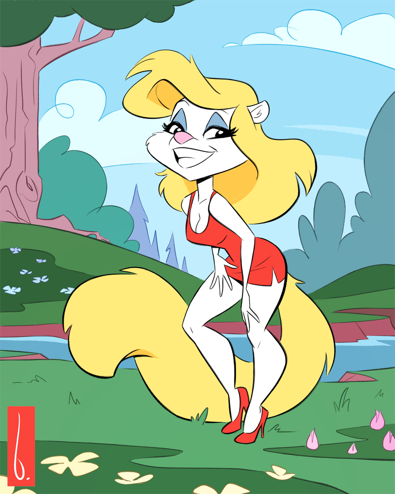 2019 4:5 4_fingers animaniacs anthro big_tail birchly blonde_hair blonde_tail blue_eyeshadow breasts cleavage clothed clothing cloud collarbone detailed_background dress eyelashes eyeshadow female fingers flower footwear full-length_portrait fur grass hair hand_on_leg hand_on_thigh high_heels leaning leaning_forward looking_at_viewer makeup mammal minerva_mink mink mustelid musteline outside pink_nose plant portrait red_clothing red_dress red_footwear red_shoes shoes sky smile solo standing tree true_musteline warner_brothers water white_body white_fur yellow_tail