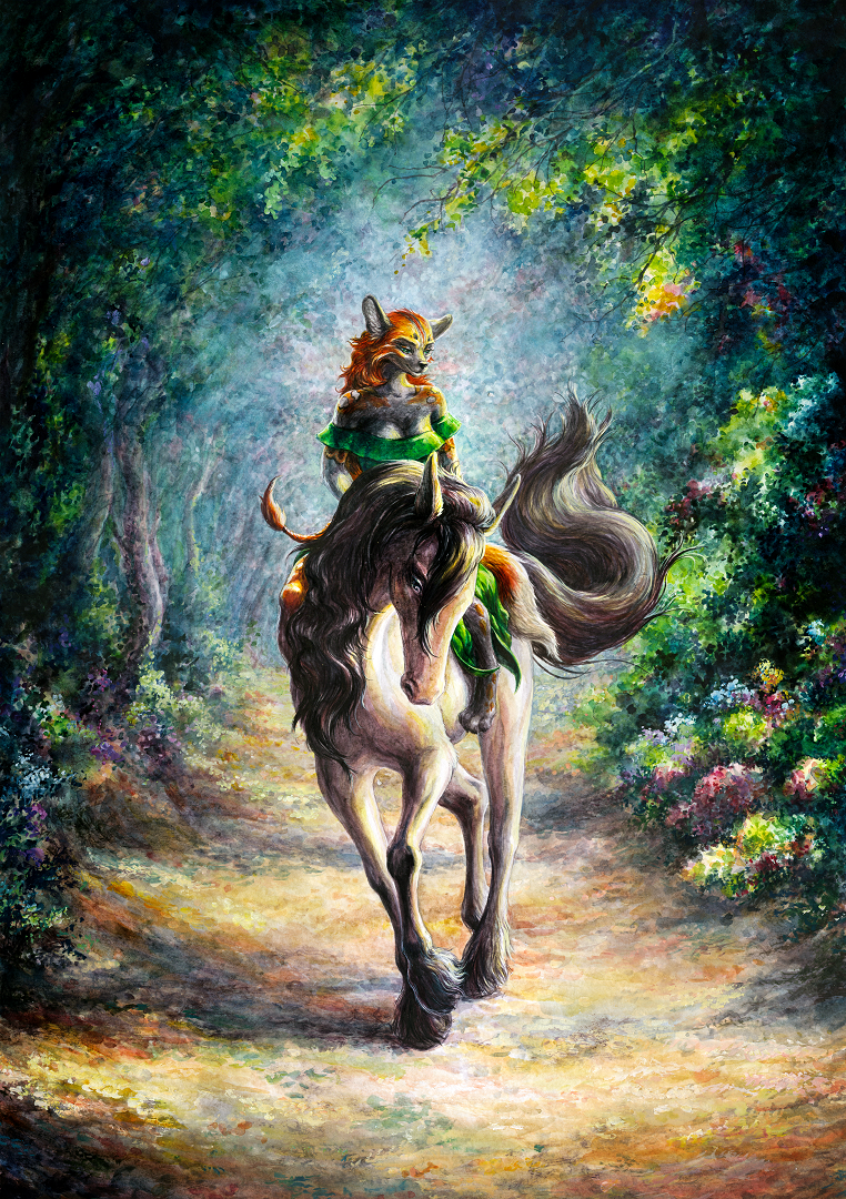 2021 anthro black_body black_fur black_hair breasts canid canine canis clothed clothing day detailed_background duo elkir equid equine female feral forest fur grass hair hooves horse mammal moss orange_body orange_fur outside plant riding smile traditional_media_(artwork) tree wolf