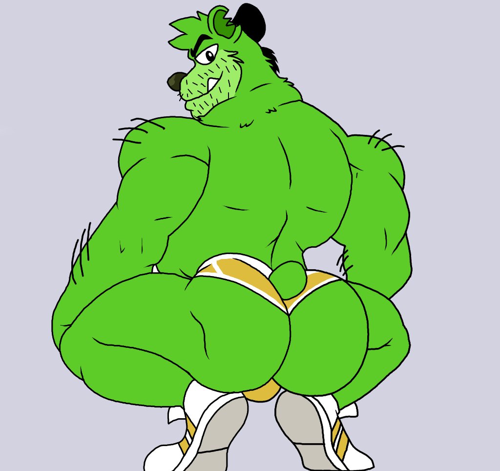 2021 anthro black_nose broly_culo butt candy clothing cute_fangs dessert food food_creature green_body gummibar gummy_(food) gummy_bear_(food) gummybear_and_friends lewdookami male mammal meme simple_background solo underwear ursid