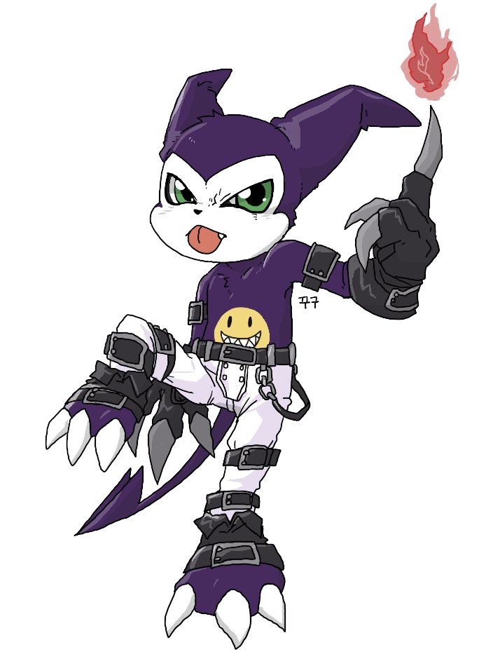 9999_td alternate_costume bandai_namco belt claws clothing_swap cute_fangs demon digimon digimon_(species) fire green_eyes imp impmon male purple_body shirtless solo tongue tongue_out