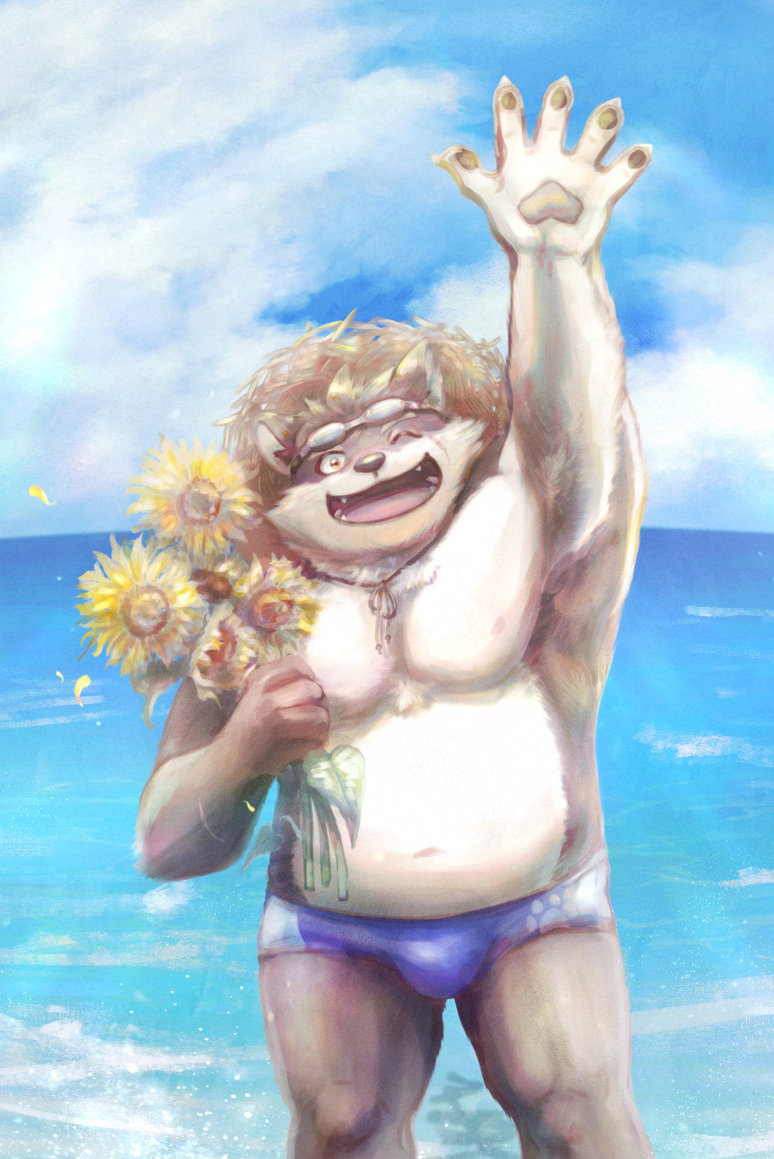 anthro belly canid canine canis clothing domestic_dog eyewear flower fur goggles hat headgear headwear hi_res male mammal moritaka multicolored_body multicolored_fur musclegut nipples one_eye_closed pawpads pecs pinestrain plant scar solo speedo straw_hat sunflower swimwear tokyo_afterschool_summoners two_tone_body two_tone_fur video_games wink