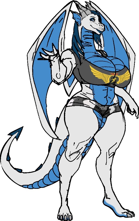 anthro big_breasts bigbig blue_eyes blue_hair bottomwear breasts camo camo_print clothing dragon fassalia_dracher female flat_colors hair horn ice_dragon ice_dragoness long_neck looking_at_viewer scalie shirt shorts skianous solo spade_tail tank_top topwear western_dragon white_body wings