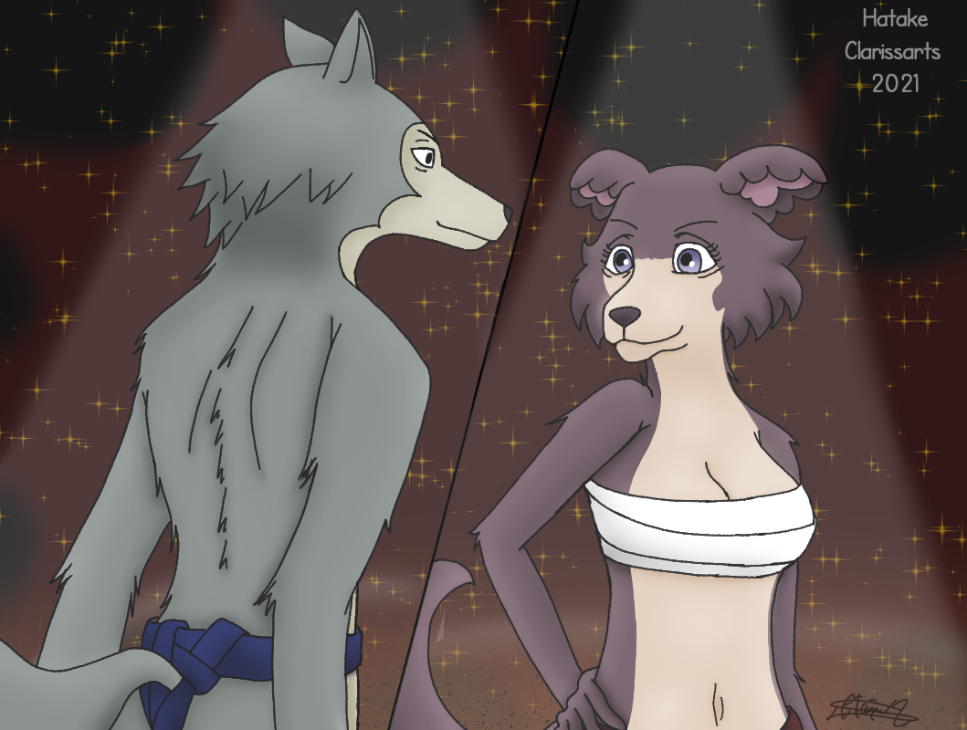 anthro beastars canid canine canis competition digital_drawing_(artwork) digital_media_(artwork) duo fanarts female fight hatakeclarissarts juno_(beastars) legoshi_(beastars) male male/female mammal requested smile sumo sumo_ring sumo_wrestling wolf