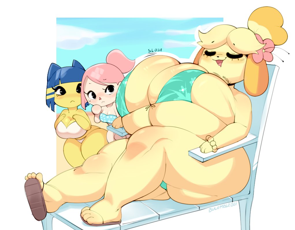 animal_crossing ankha_(animal_crossing) anthro big_breasts big_butt bikini breast_size_difference breasts bulging_breasts bulumble-bee butt canid canine canis cleavage clothed clothing domestic_dog felid feline female huge_breasts huge_butt human isabelle_(animal_crossing) mammal nintendo shih_tzu swimwear thick_thighs toy_dog video_games villager_(animal_crossing) wide_hips