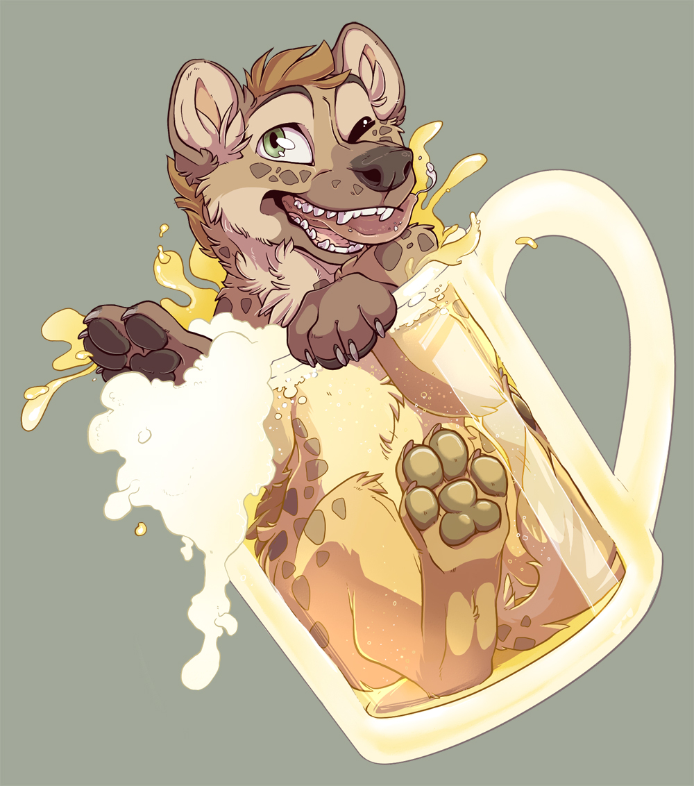 2018 alcohol beer beer_mug beverage bodily_fluids brown_body brown_fur claws fangs feral fur green_eyes hyaenid mammal mane mlice one_eye_closed open_mouth partially_submerged pawpads paws quadruped saliva teeth tongue