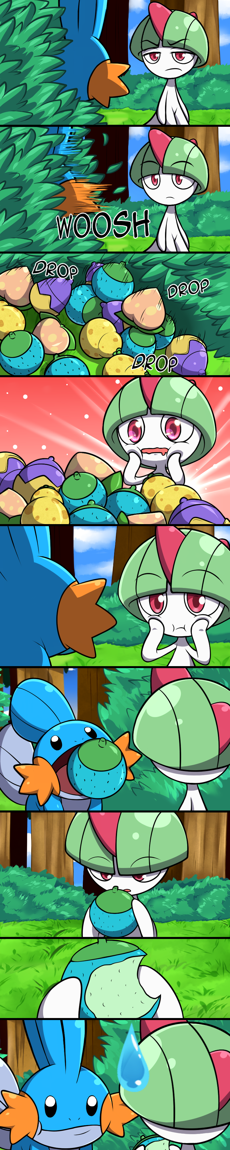 ''squirtle''(swampert) absurd_res ambiguous_gender blue_body comic duo eating female_(lore) feral food forest fruit hi_res holding_food holding_object humanoid long_image male_(lore) mgx0 mudkip nintendo onomatopoeia open_mouth plant pok&eacute;mon pok&eacute;mon_(species) ralts sound_effects surprise tall_image text tree video_games white_body yuno(gardevoir)