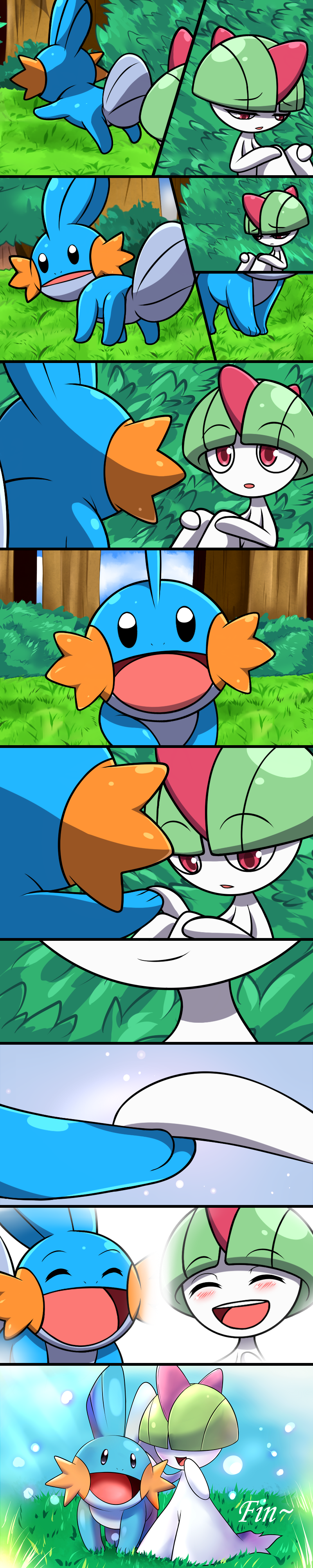 ''squirtle''(swampert) absurd_res ambiguous_gender blue_body blush comic duo eyes_closed female_(lore) feral hair_over_eyes hand_holding happy hi_res humanoid long_image looking_back male_(lore) mgx0 mudkip nintendo open_mouth open_smile pok&eacute;mon pok&eacute;mon_(species) pseudo_hair quadruped ralts sad sitting smile tall_image video_games white_body yuno(gardevoir)