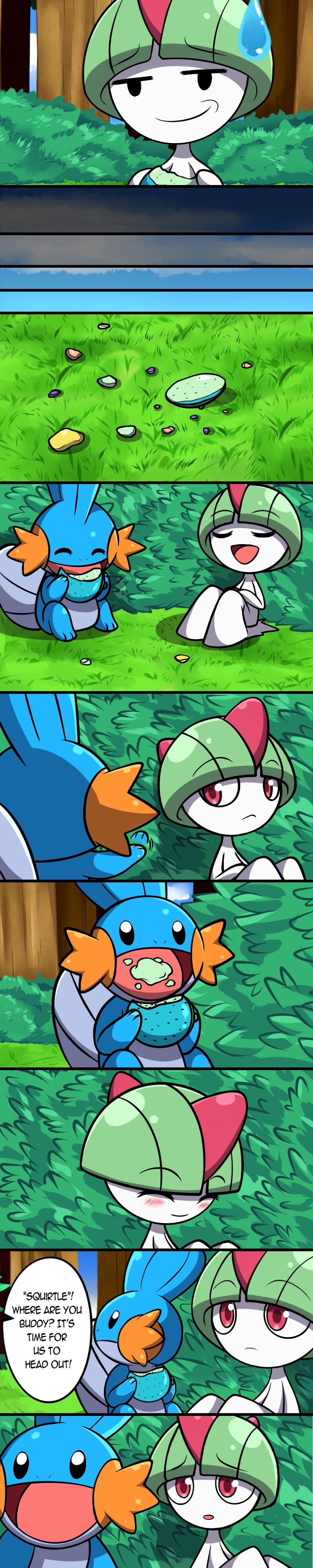 ''squirtle''(swampert) absurd_res after_eating ambiguous_gender blue_body blush comic dialogue duo eating english_text eyes_closed female_(lore) feral food forest fruit funny_face fur hi_res holding_food holding_fruit holding_object humanoid long_image male_(lore) mgx0 mudkip nintendo open_mouth plant pok&eacute;mon pok&eacute;mon_(species) pseudo_hair ralts sad tall_image text tree unseen_character video_games white_body white_fur yuno(gardevoir)